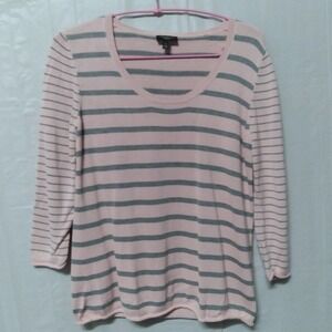 Talbots Petites Striped Knit Sweater Top Gray Pink 3/4 Sleeve